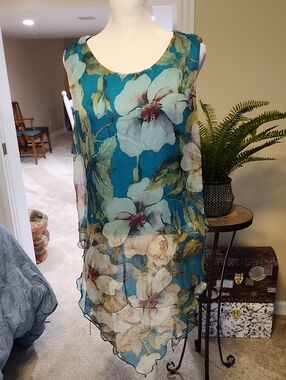 Sheer Teal Floral Sleeveless Tunic